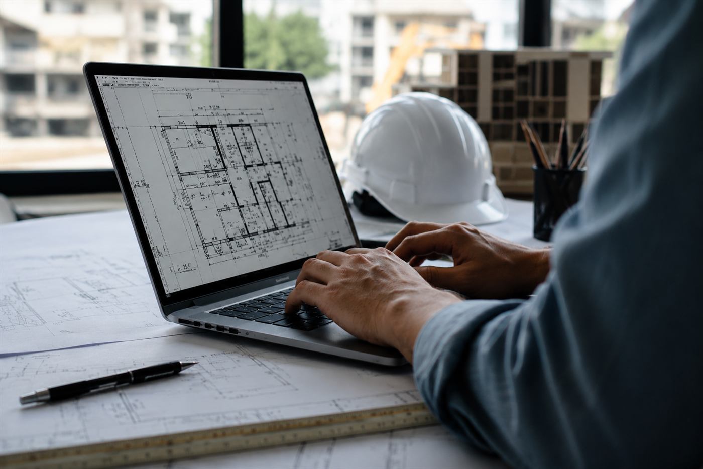 Reviewing architectural floor plans on a laptop at a job site office