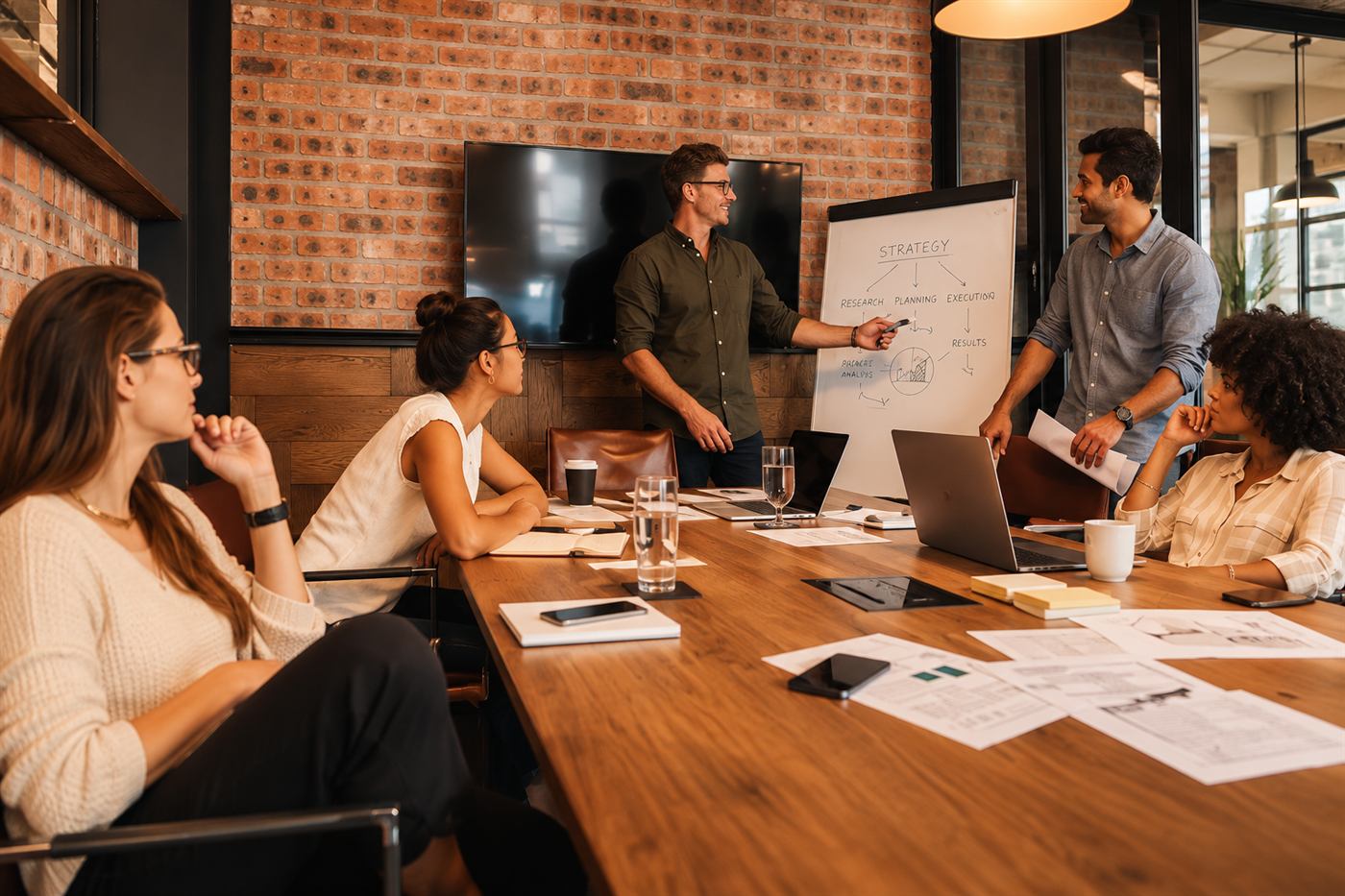 Project team reviewing strategy in a planning meeting